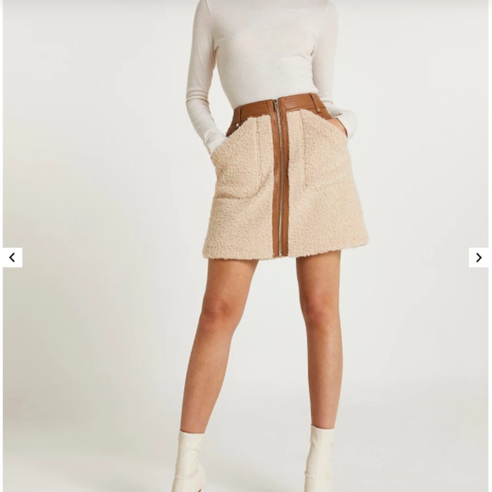 River Island Cream Faux leather and Borg zip mini skirt